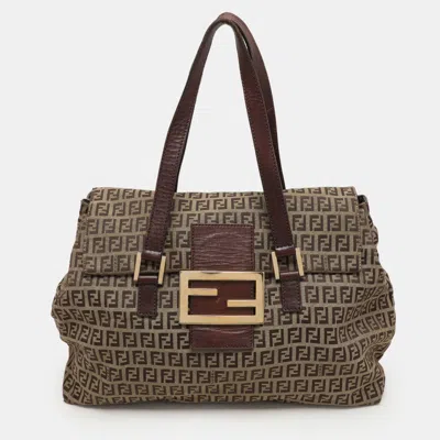Pre-owned Fendi Beige/brown Zucchino Canvas And Leather Accordion Tote