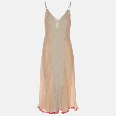 Pre-owned Fendi Beige/peach Silk Sleeveless Midi Dress S In Sand