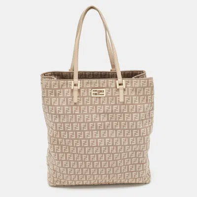 Pre-owned Fendi Beige/pink Zucchino Canvas Logo Tote In Sand