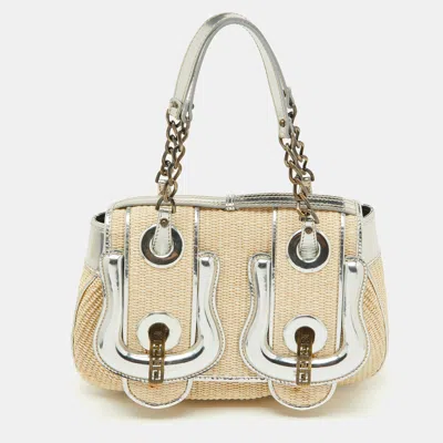 Pre-owned Fendi Beige/silver Raffia And Patent Leather B Shoulder Bag