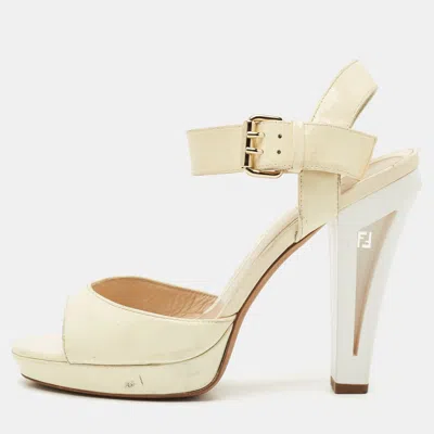 Pre-owned Fendi Beige/white Patent Leather Open Toe Ankle Strap Sandals Size 40