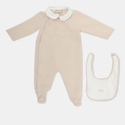 Pre-owned Fendi Beige/white Stretch Cotton Baby Romper 6m In Sand