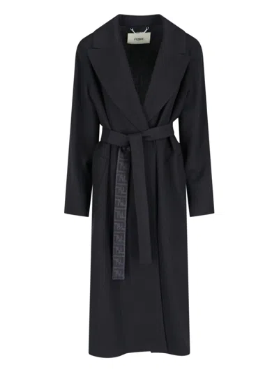 Fendi Belt Detail Coat In Gme Black