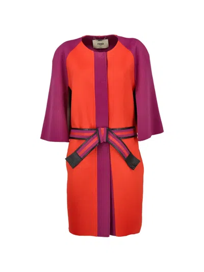 Pre-owned Fendi Belted Cape-sleeve Coat In Orange