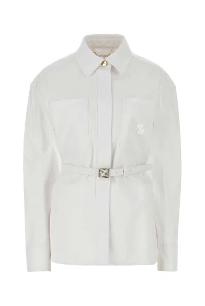 Fendi Denim Jacket With Belted Waist And Patch Pockets In White