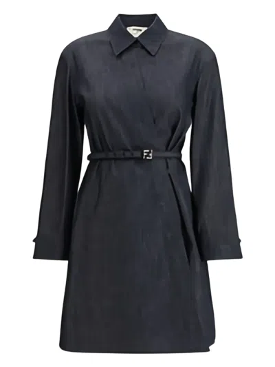 Fendi Belted Denim Shirt Mini Dress In Blue
