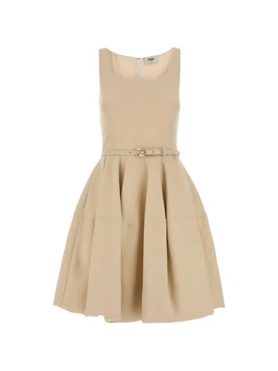 Fendi Wool-silk Belted Dress In Brown