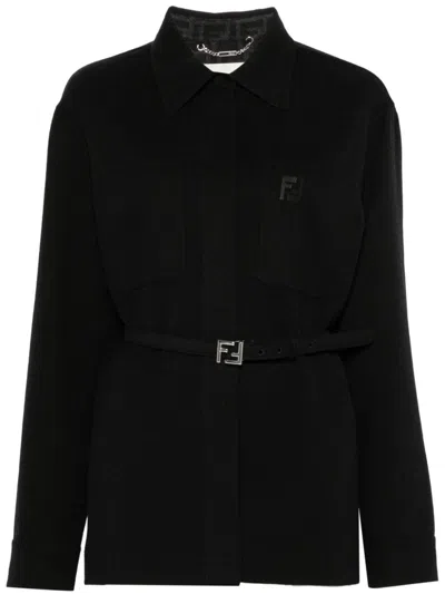Fendi Belted Wool Shirt Jacket In Black