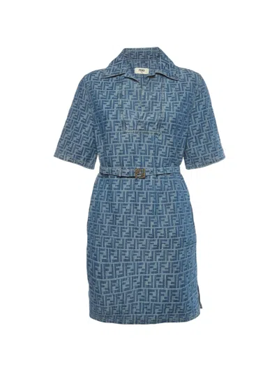 Pre-owned Fendi Belted Mini Dress In Blue