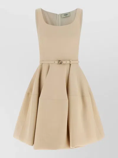 Fendi Belted Sleeveless Dress Flared Skirt Scoop Neckline In Neutral