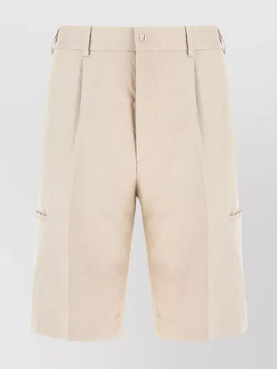Fendi Bermuda Linen Short Front Pleats In Neutral