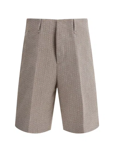 Fendi Beige Bermuda Pants With Belt Loops In Cotton And Linen Blend Man In Multicolor