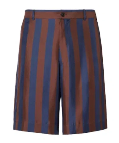 Fendi Bermudas Navy Blue And Brown Pequin Silk Shorts