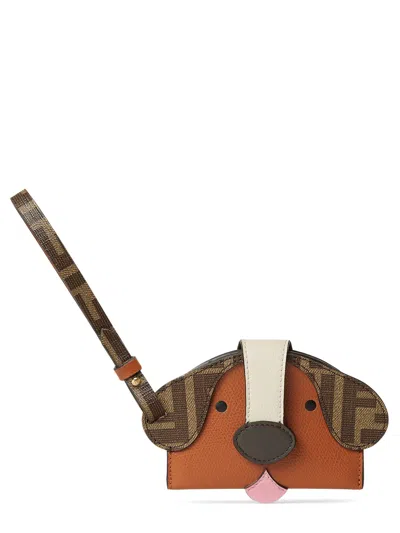 Fendi Brown Ff Leather And Fabric Card Holder