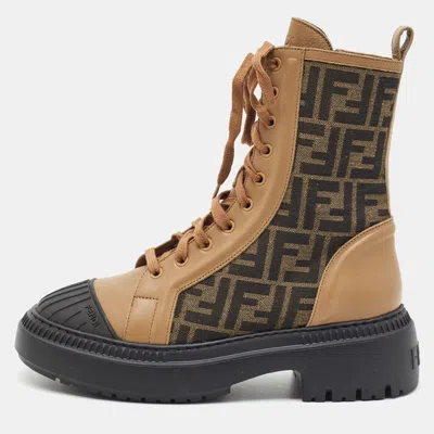 Pre-owned Fendi Biker Size 40 Brown/black Canvas And Leather Combat Boots