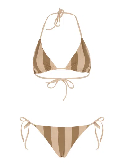 FENDI FENDI WOMEN BEIGE BIKINI WITH ALL-OVER STRIPED MOTIF AND ADJUSTABLE TIES IN TECH FABRIC STRETCH WOMA
