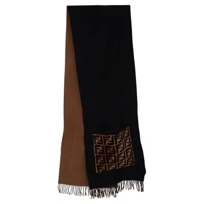 Pre-owned Fendi Black & Camel Wool & Cashmere Touch Of Fur Muffler Scarf