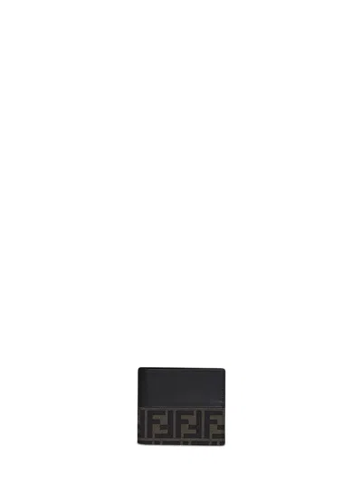 Fendi Black And Dark Tobacco Ff Jacquard Bi-fold Wallet In Brown