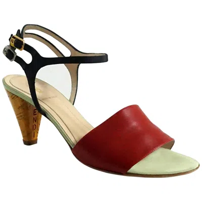 Pre-owned Fendi Black And Red Ankle Strap Sandal W/ Laquer Cork Heel-36.5