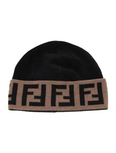 Pre-owned Fendi Black And Tan Logo Wool Beanie