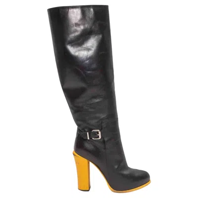 Pre-owned Fendi Black & Yellow  Leather & Lizard Heeled Knee-high Boots Size 40