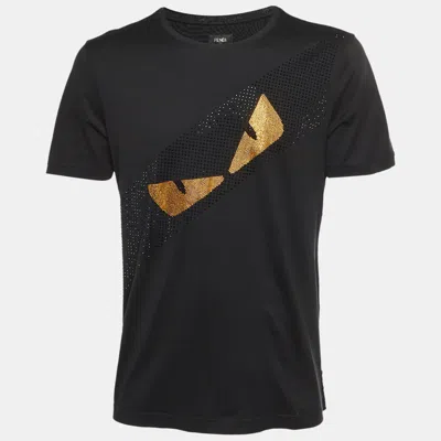 Pre-owned Fendi Black Bag Bugs Monster Eye Embellished Jersey T-shirt L