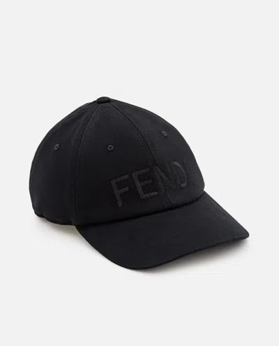 Fendi Men Wool Blend Baseball Hat With Logo Embroidery In Black