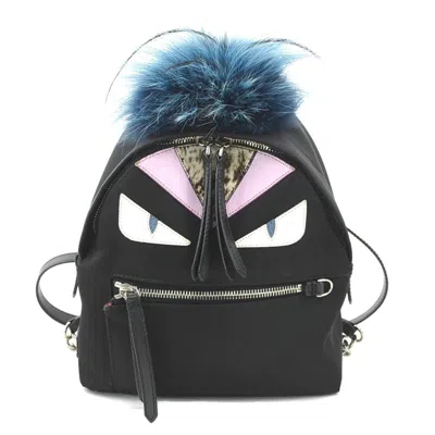 Pre-owned Fendi Black Blue Nylon Fur Backpack () In Black, Blue