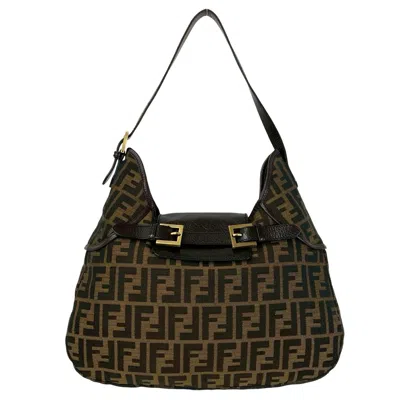 Pre-owned Fendi Black Brown Canvas Leather Handbag Shoulder Bag () In Multi