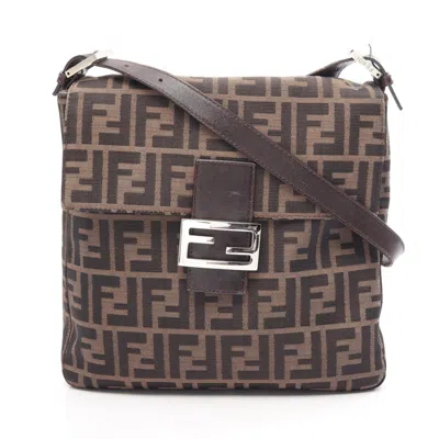 Pre-owned Fendi Black Brown Canvas Leather Handbag Shoulder Bag () In Black, Brown