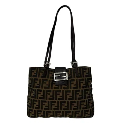 Pre-owned Fendi Black Brown Canvas Leather Handbag Shoulder Bag Tote Bag () In Black, Brown