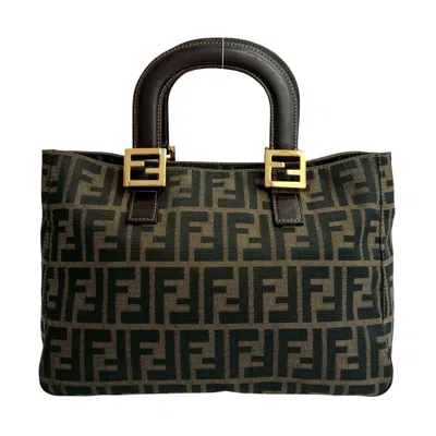 Pre-owned Fendi Black Brown Canvas Leather Handbag Tote Bag () In Multi