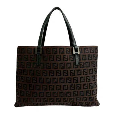 Pre-owned Fendi Black Brown Canvas Leather Handbag Tote Bag () In Multi