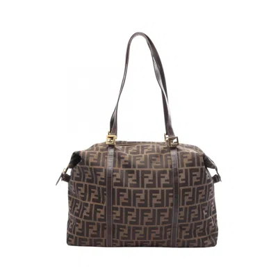 Pre-owned Fendi Black Brown Canvas Leather Handbag Tote Bag () In Black, Brown