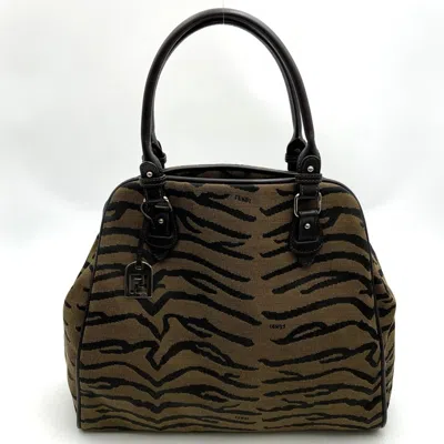 Pre-owned Fendi Black Brown Canvas Leather Handbag Tote Bag () In Black, Brown