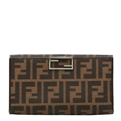 Pre-owned Fendi Black Brown Canvas Leather Long Wallet (bi-fold) () In Black, Brown