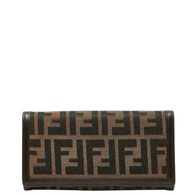 Pre-owned Fendi Black Brown Canvas Leather Long Wallet (bi-fold) () In Multi