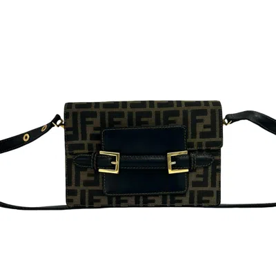 Pre-owned Fendi Black Brown Canvas Leather Pochette Shoulder Bag () In Black, Brown