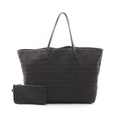 Pre-owned Fendi Black Brown Canvas Leather Pouch Tote Bag () In Multi