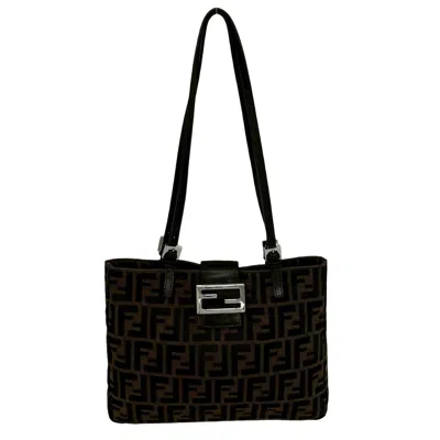 Pre-owned Fendi Black Brown Canvas Leather Shoulder Bag Tote Bag () In Black, Brown