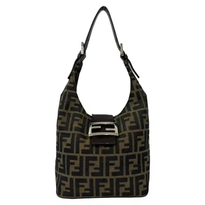 Pre-owned Fendi Black Brown Canvas Leather Shoulder Bag Tote Bag () In Multi