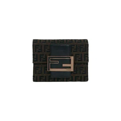 Pre-owned Fendi Black Brown Canvas Leather Wallet (tri-fold) () In Multi