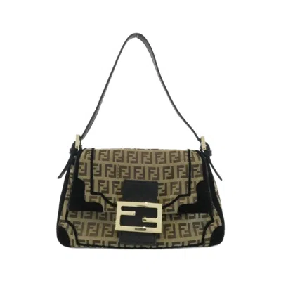 Pre-owned Fendi Black Brown Canvas Velvet Shoulder Bag () In Black, Brown