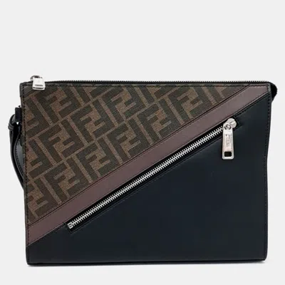 Pre-owned Fendi Black Brown Coated Canvas And Leather Clutch