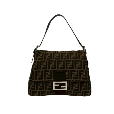 Pre-owned Fendi Black Brown Khaki Canvas Leather Handbag Shoulder Bag ()