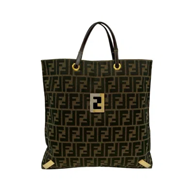 Pre-owned Fendi Black Brown Khaki Canvas Leather Handbag Tote Bag () In Multi