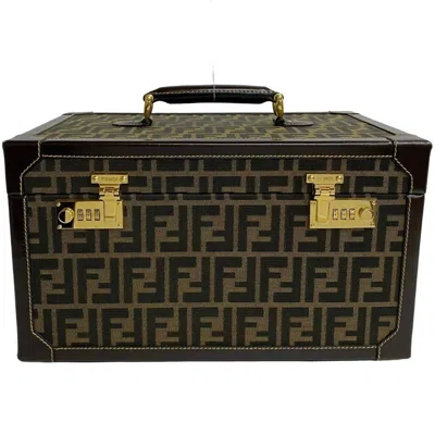 Pre-owned Fendi Black Brown Khaki Canvas Leather Handbag Vanity Bag () In Multi