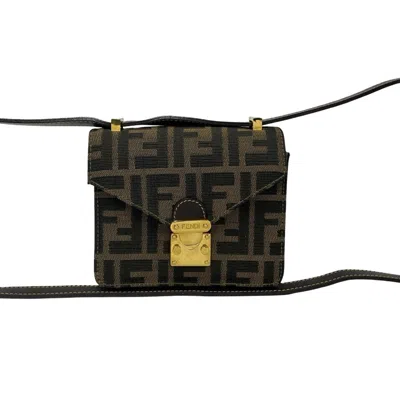 Pre-owned Fendi Black Brown Khaki Canvas Leather Pochette Shoulder Bag ()