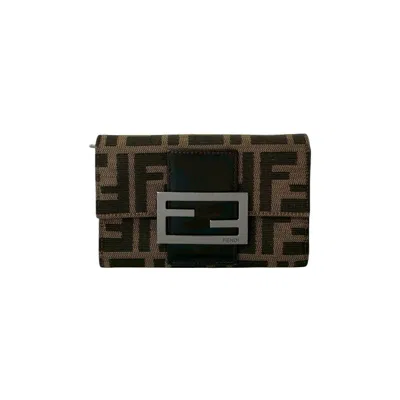 Pre-owned Fendi Black Brown Khaki Canvas Leather Wallet (bi-fold) () In Multi