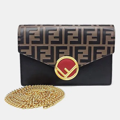 Pre-owned Fendi Black Brown Leather Can I F Mini Crossbody Bag (8bs006)